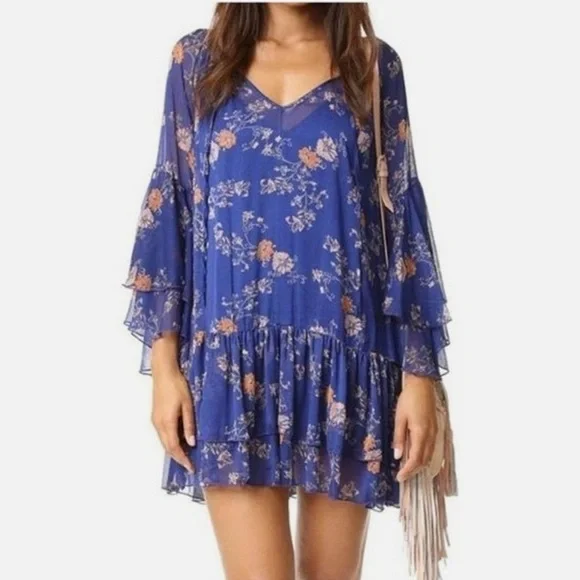 Free People Sunsetter Floral Blue Mini Dress Flowy Large - Picture 2 of 11